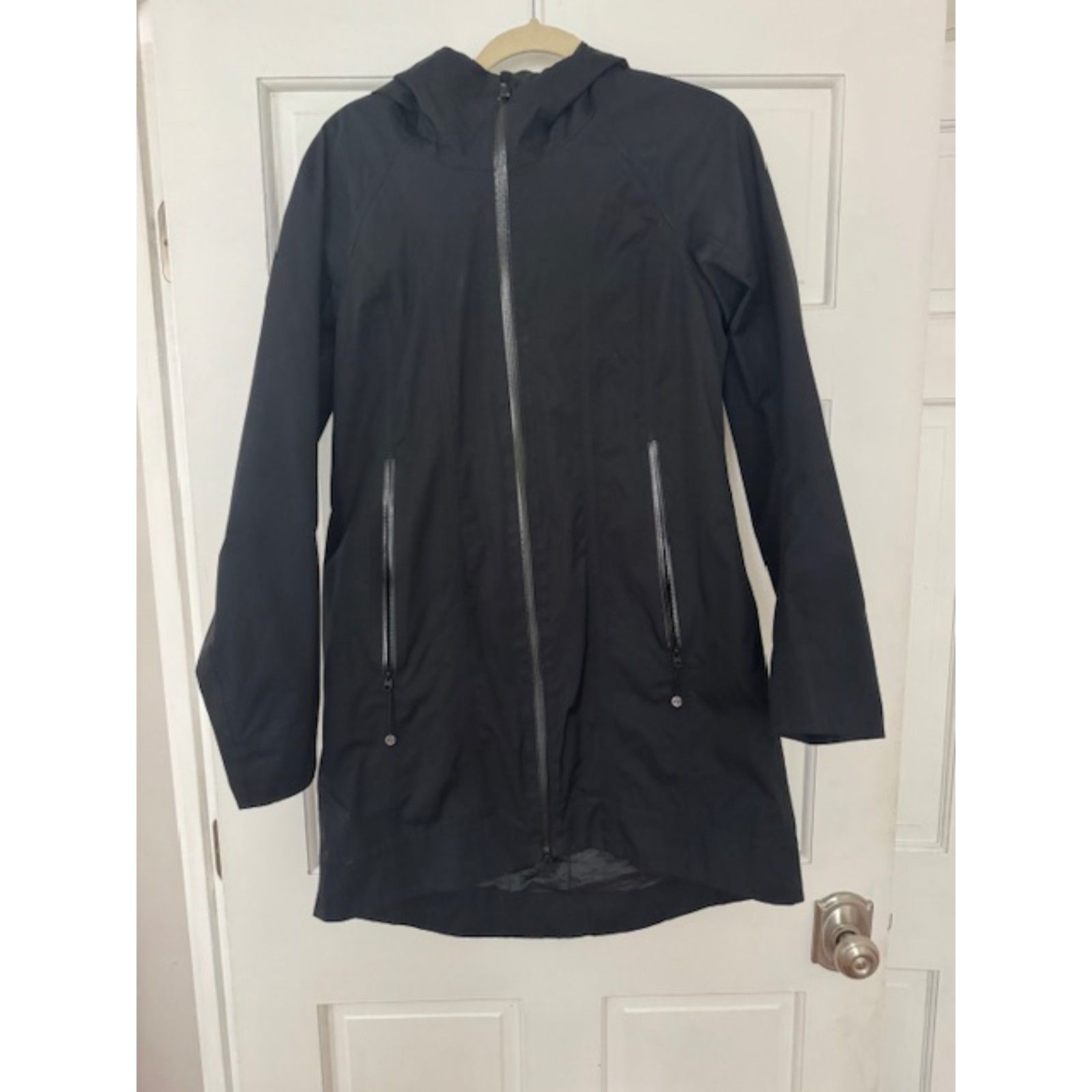 Lululemon Black Hooded Trench Coat, Size 6.